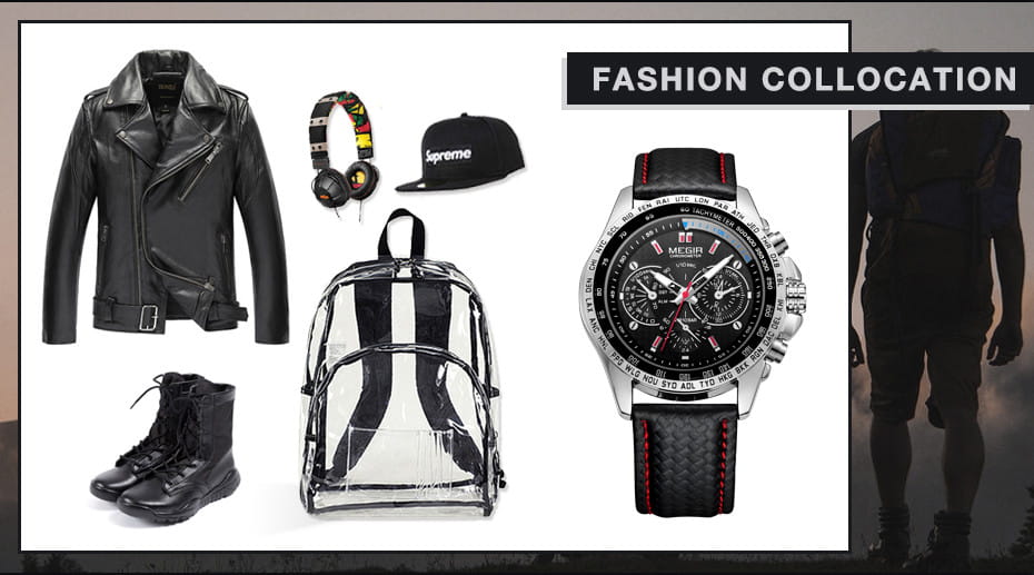 Black leather Megir 1010 men quartz chronograph watch with silver case and red stitching on the strap.