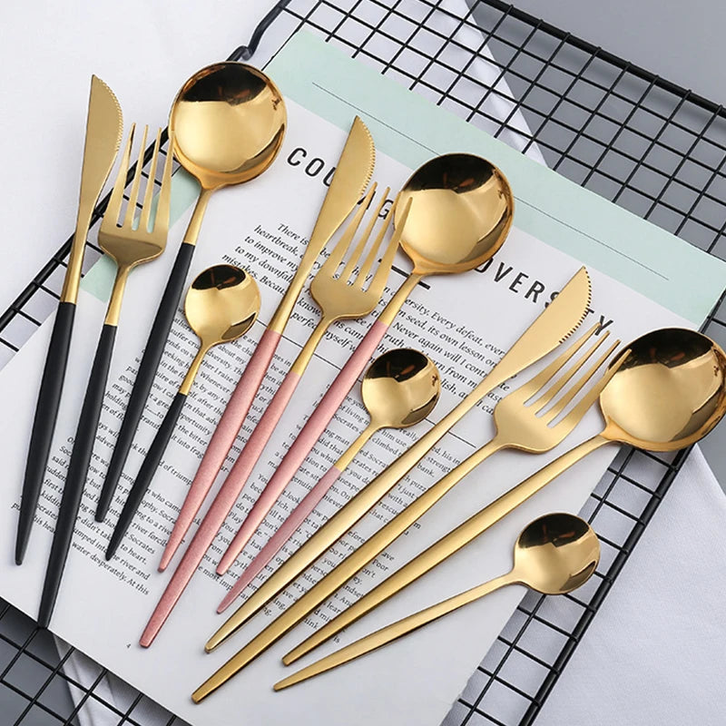 4/24pcs Stainless Steel Tableware Set, Luxurious Gold and Powder, Including Knife, Fork and Spoon, Suitable for Parties.