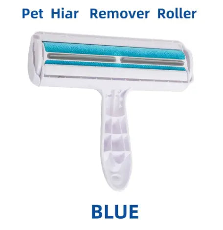 Rodillo removedor de pelo de mascotas azul con mango de plástico blanco y rodillos adhesivos color verde azulado para muebles y alfombras.