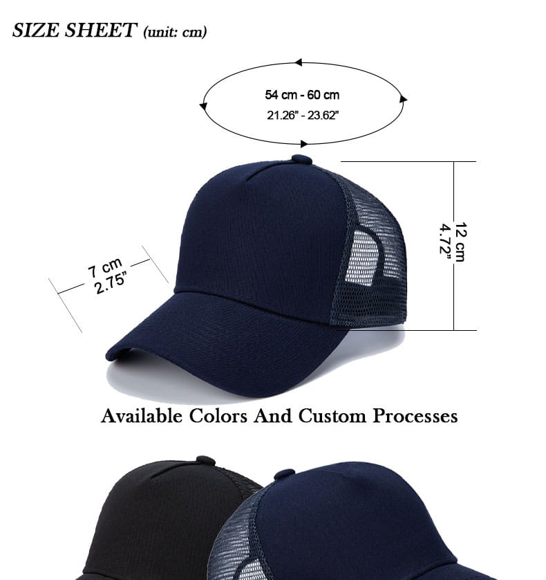 Casquette trucker à logo personnalisé bleu marine foncé, avec panneau avant plein et dos en maille respirante.