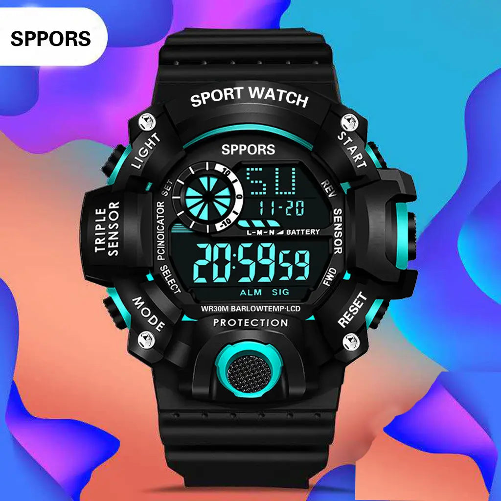 Wasserdichte digitale Sportuhr für Herren mit schwarzem und tealfarbenem robustem Design, großem Zifferblatt, digitaler Anzeige und dreifacher Sensorfunktion