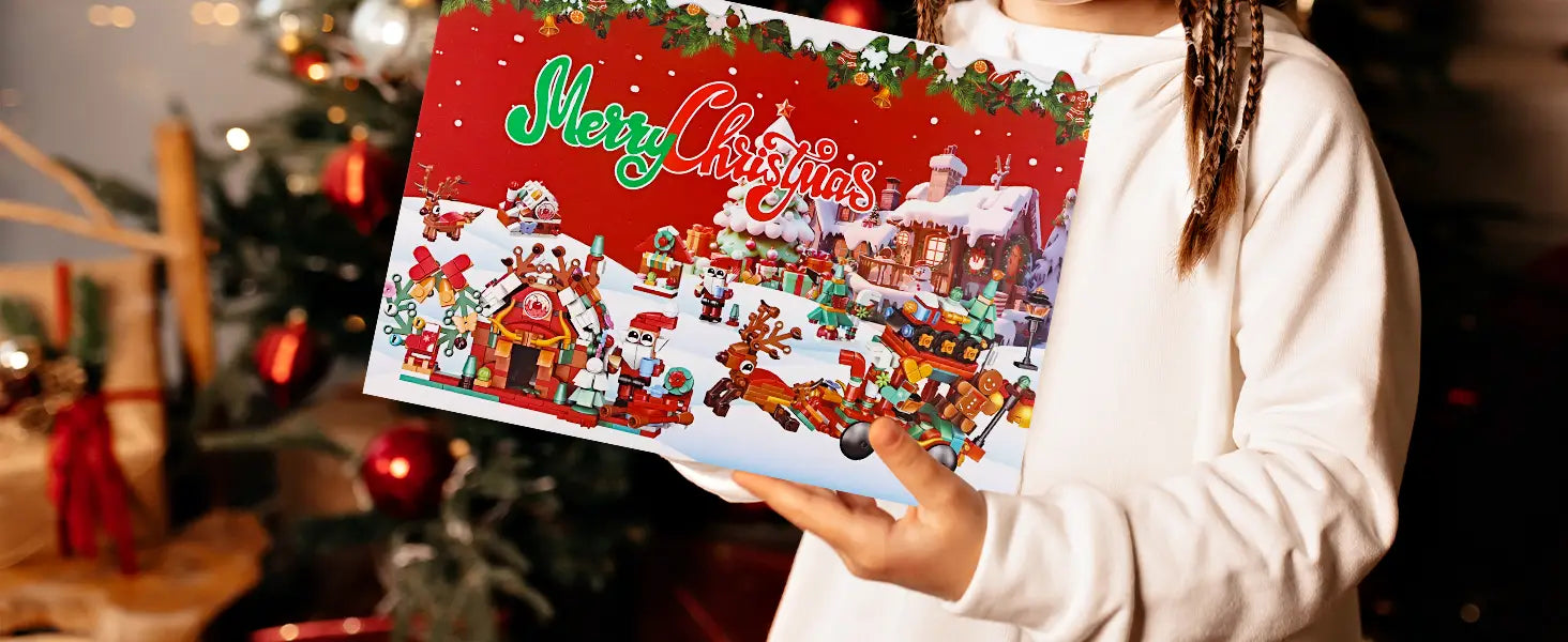 Ein rotes Weihnachtsüberraschungs-Adventskalender-Bausteinset mit festlichen Illustrationen von Santa, Rentieren und schneebedeckten Häusern auf dem vorderen Bedienfeld