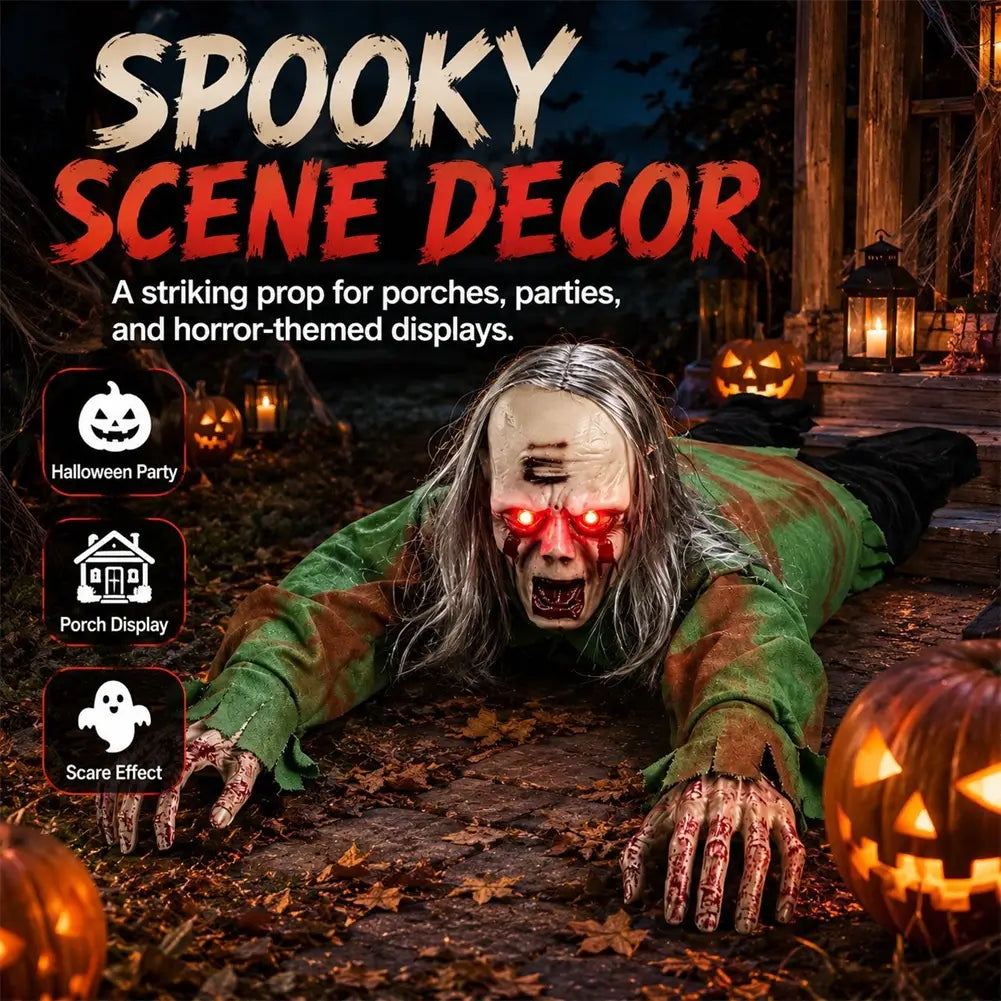 animiertes kriechendes Zombie-Halloween-Prop mit Sound und Lichtern, mit einem lebensnahen, unheimlichen Zombie mit leuchtenden roten Augen und blutigen Händen, gekleidet in ein zerrissenes grünes und braunes Kostüm.
