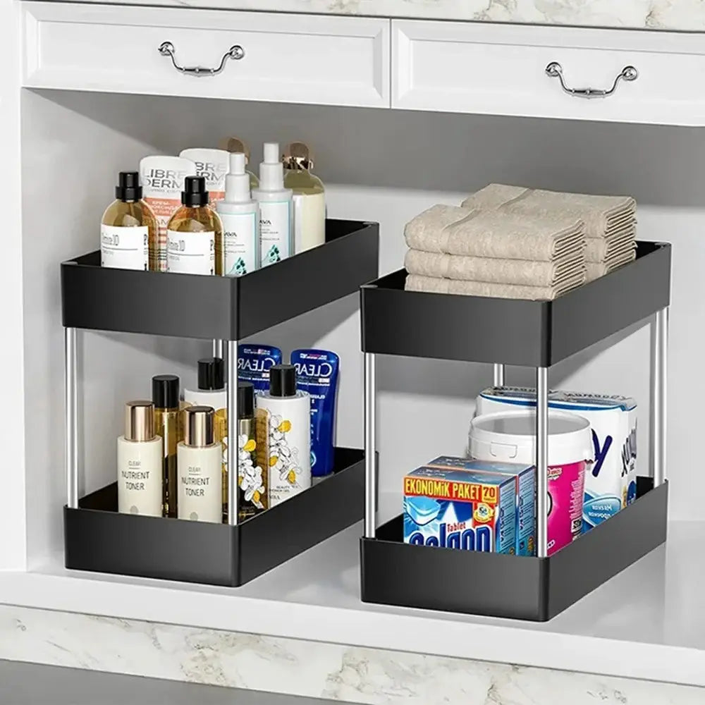 Organizador negro de almacenamiento bajo el fregadero, de dos niveles, con bastidor de acero inoxidable, diseñado como una estantería multifuncional tipo cajón por niveles para almacenamiento en el baño.