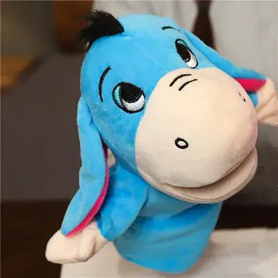 Blue plush eeyore hand finger puppet made of soft fabric with pink inner lining for educational baby toys including lion elephant bunny designs.