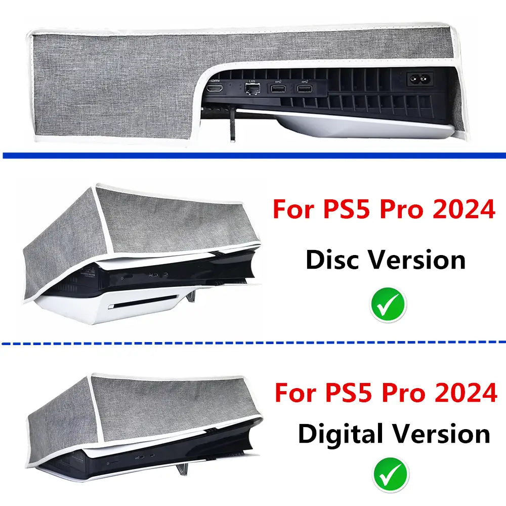 gray textured oxford cloth dust cover with white trim designed for ps5 pro console 2024 horizontal use