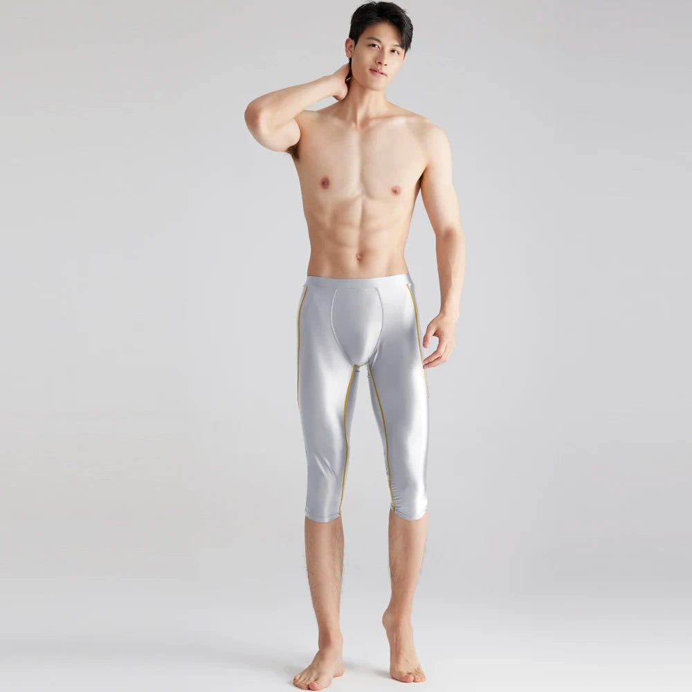 AMORESY-Men's Activewear Shorts, Stretch Cropped Pants, Sports Running Short, Breathable Compression, Shiny Fitness Capris