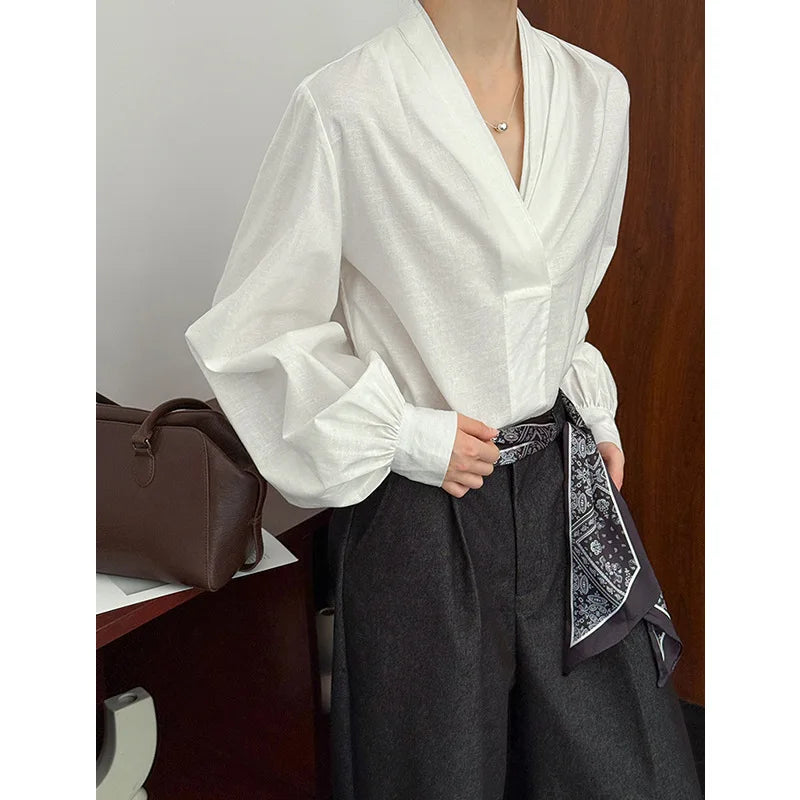 Women Casual White Color Blouses V-Neck Puff Sleeve Office Blouses Womens Tops And Blouses Fashion Shirts Blusas Roupa Feminina
