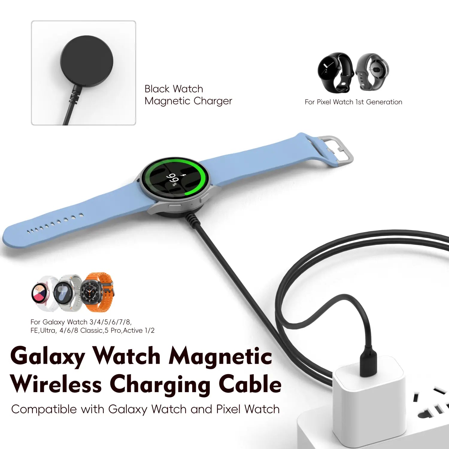 black magnetic wireless charging cable for galaxy watch 3 4 5 6 7 8 fe ultra 4 6 8 classic s pro active 1 2 with usb a and c connectors for convenient charging