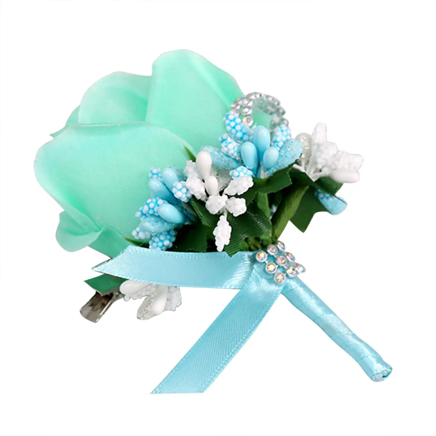 a delicate mint green blue wedding boutonniere made of artificial silk roses adorned with light blue and white blossoms, rhinestones, and a satin ribbon bow.