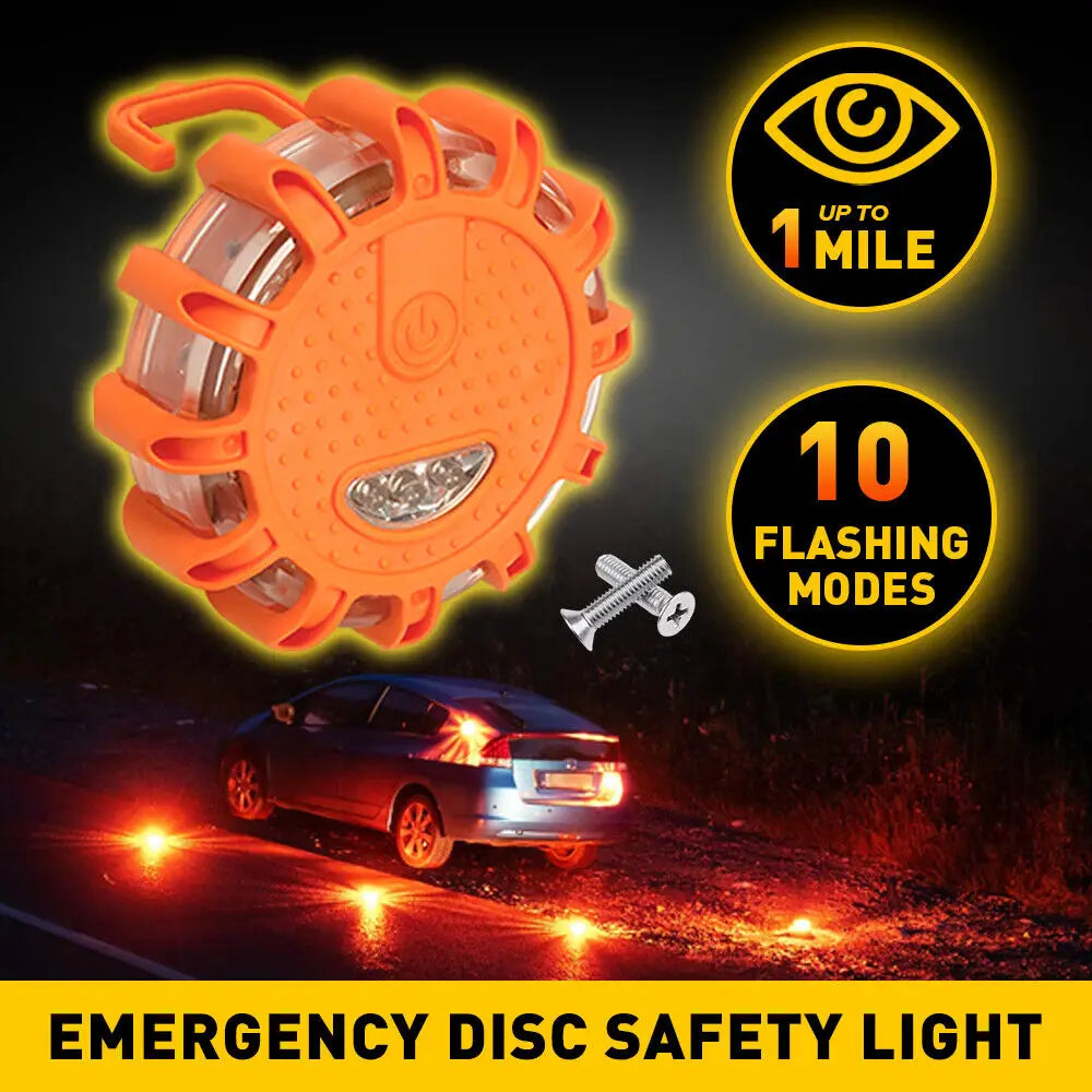 Bright orange led road flare emergency safety beacon strobe light with a circular textured design and integrated led lights for enhanced visibility.