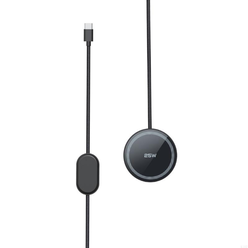 Black circular 25w fast wireless charging pad for phones with textured edge detailing connected to a usb-c cable via an elongated oval-shaped connector.