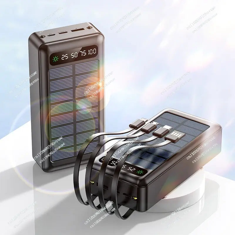 Black rectangular solar power bank 5000mAh fast charging portable charger featuring multiple USB ports and a digital display showing battery percentage.