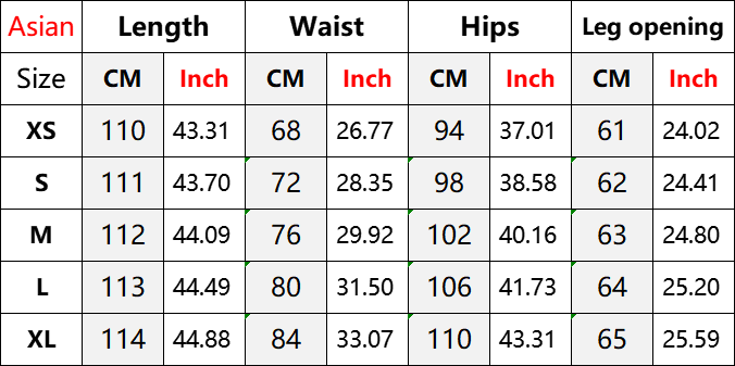 Asian size clothing measurement chart in centimeters and inches for Iefb camouflage wide leg denim jeans in sizes XS through XL.