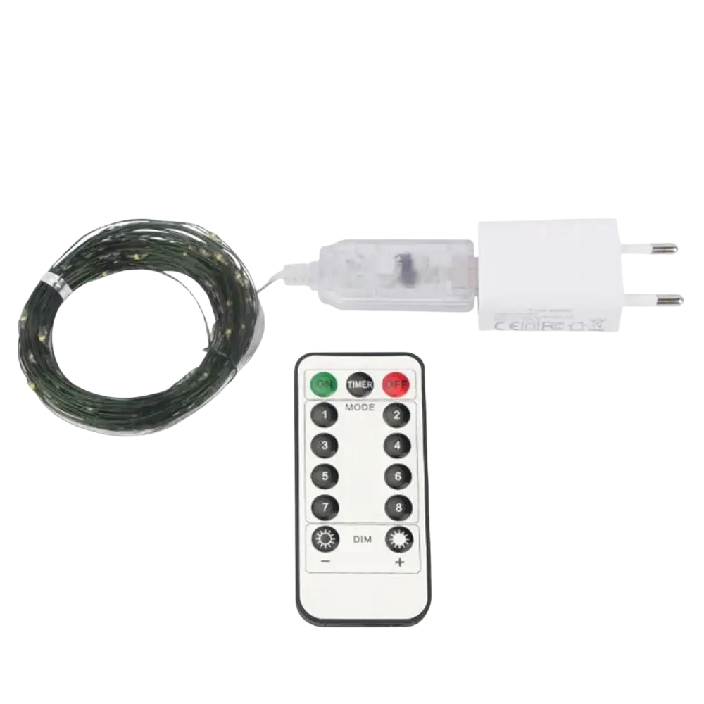 A 10-meter string of white led lights with green copper wire remote control and power adapter for outdoor decoration