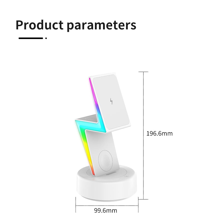 white wireless charging 3 in 1 rgb stand magnetic with lightning bolt design and rainbow led lighting providing efficient wireless charging output power