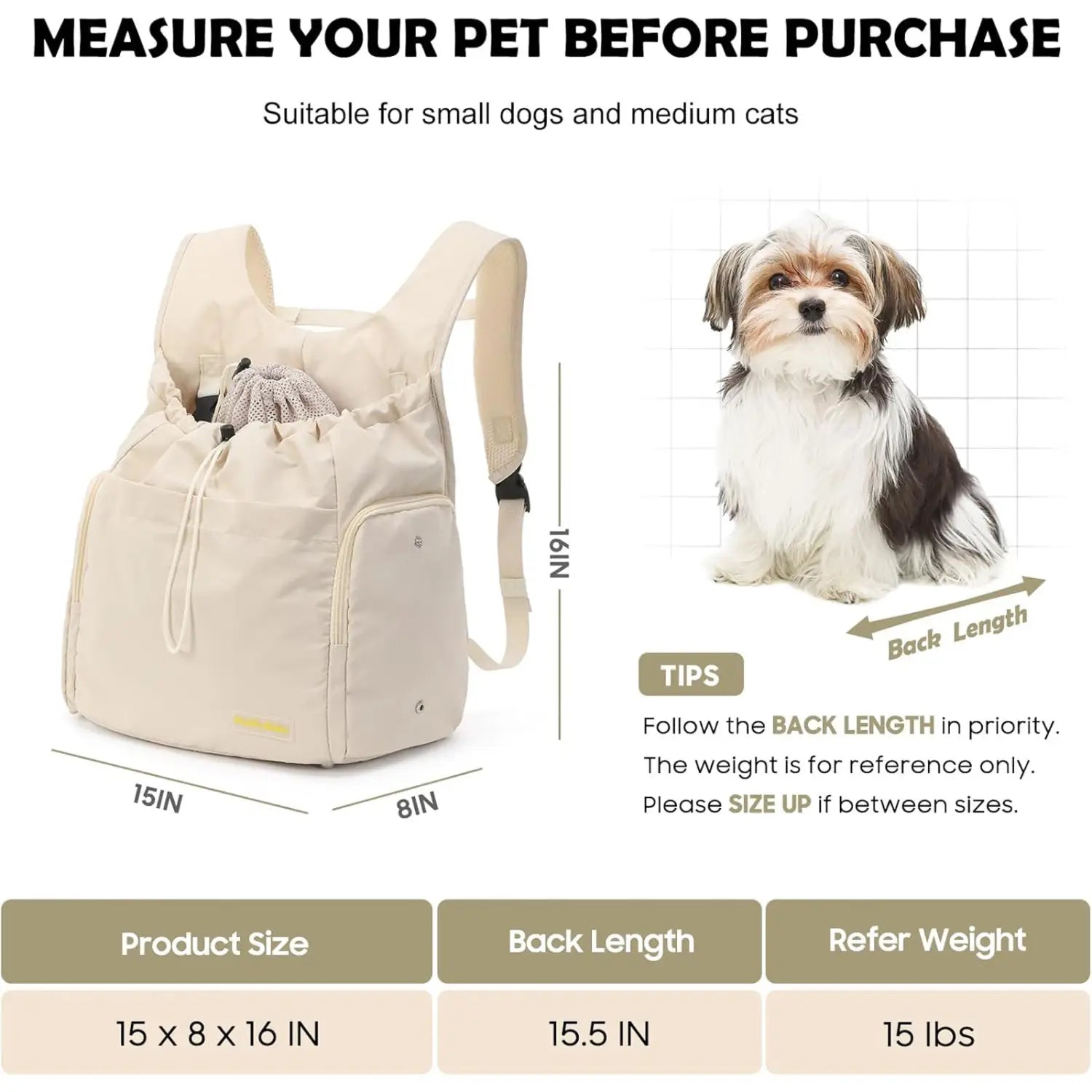 Sac à dos de transport pour animaux souple beige pour la poitrine, le cou et le dos, avec bretelles réglables et poche avant, conçu pour petits chiens et chats de taille moyenne