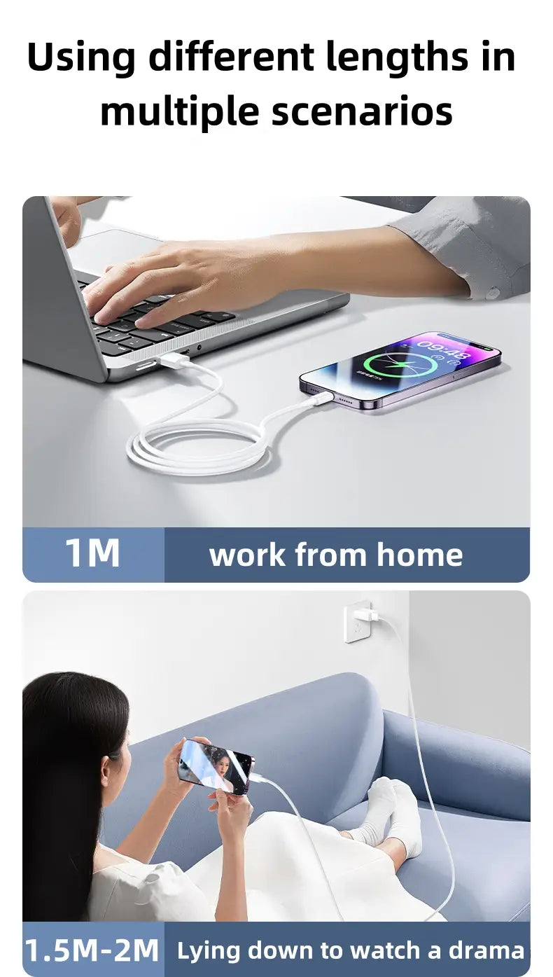 Cable de carga USB-C en color blanco con capacidad de carga rápida de 35 W, disponible en longitudes de 1 metro y de 1,5 a 2 metros, adecuado para iPhone y para diversos escenarios de uso.