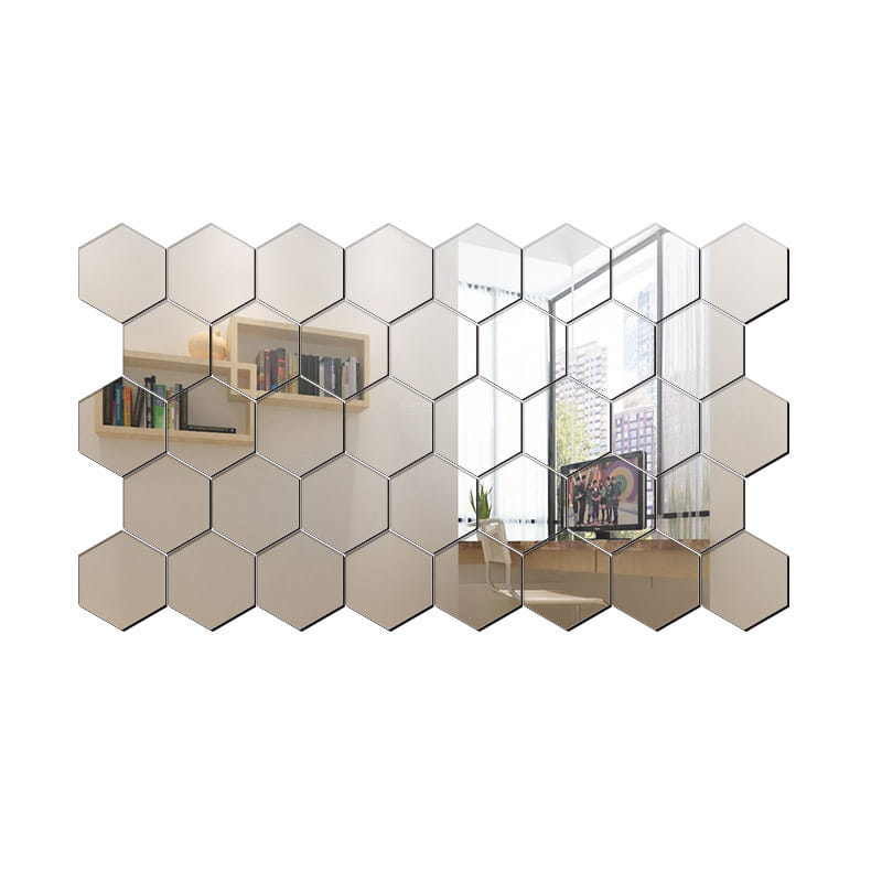 acrylic hexagon wall sticker composed of 45 metallic-framed reflective pieces arranged in a honeycomb pattern for decorative wall art.