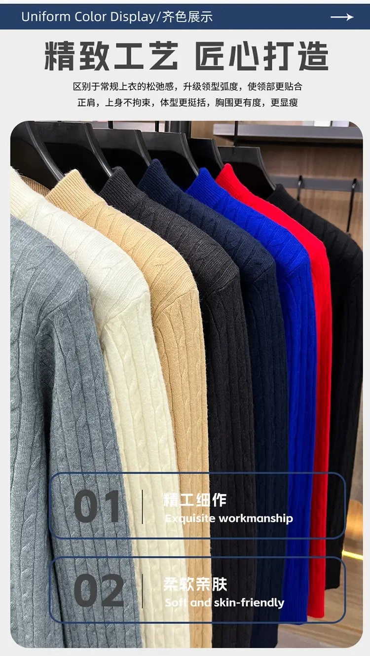 Eine Kollektion von Herren-Zopfstrick-Pullovers mit Rundhalsausschnitt in einfarbigen Farben, einschließlich Beige, Creme, Navyblau und Rot, die das strukturierte Strickmaterial hervorhebt.