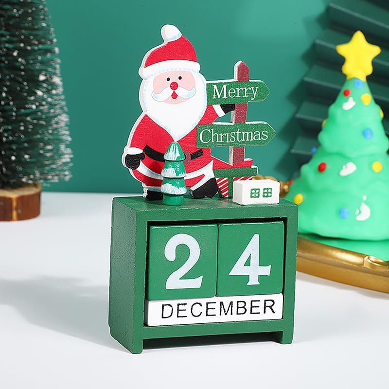 Green wooden Christmas countdown calendar blocks featuring a Santa Claus figurine holding merry Christmas signs on top.