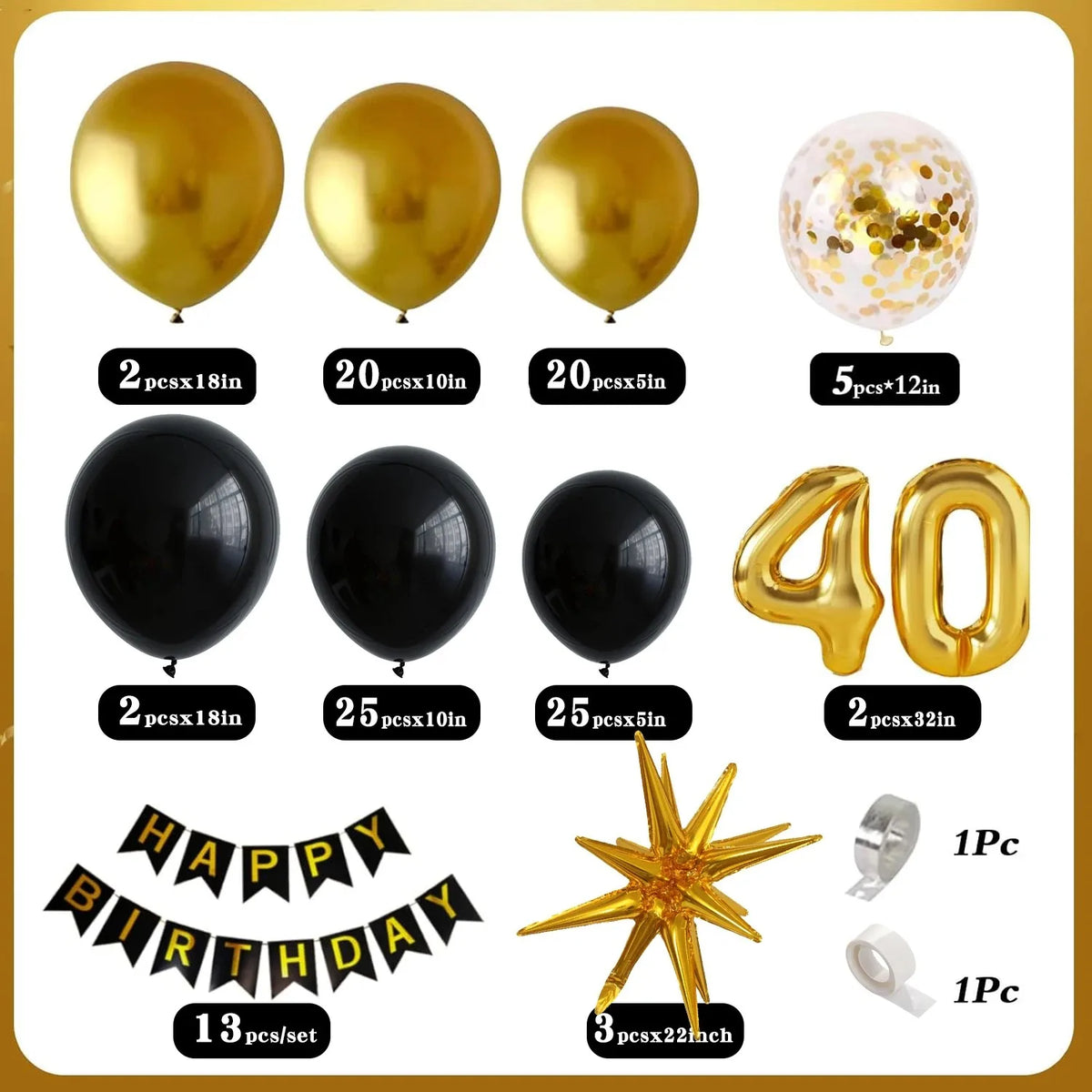 40/50/60th Birthday Decorations, Black Gold Balloon Arch Kit Star Foil Balloons Happy Birthday Banner for Anniversary Party