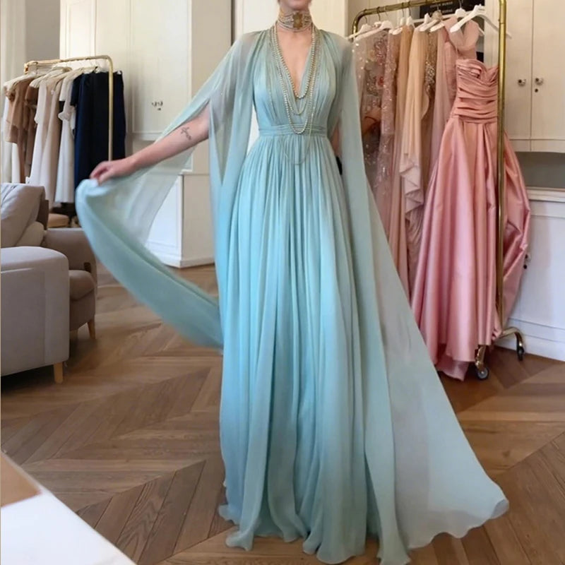 Elegant Bridesmaid Wedding Guest Party Dresses Women White Chiffon Evening Maxi Dress Deep V‑Neck Cape Sleeve Long Pleated Gowns
