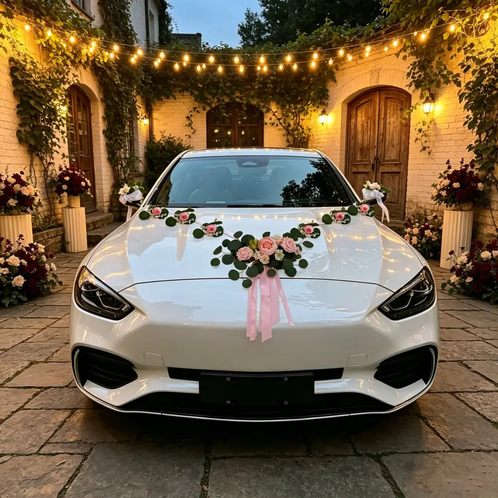 Une berline blanche Mercedes-Benz décorée d’un kit de décoration de voiture de mariage comprenant des roses artificielles roses et un feuillage d’eucalyptus, attachés avec un ruban rose sur le capot.