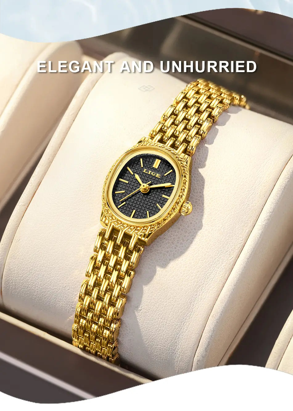 Lige women gold quartz watch featuring a gold-tone mesh bracelet and a black dial with gold hour markers.