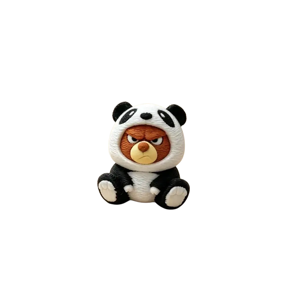3d printing bear wearing panda jacket figurine with black and white panda body and grumpy brown bear head visible front view