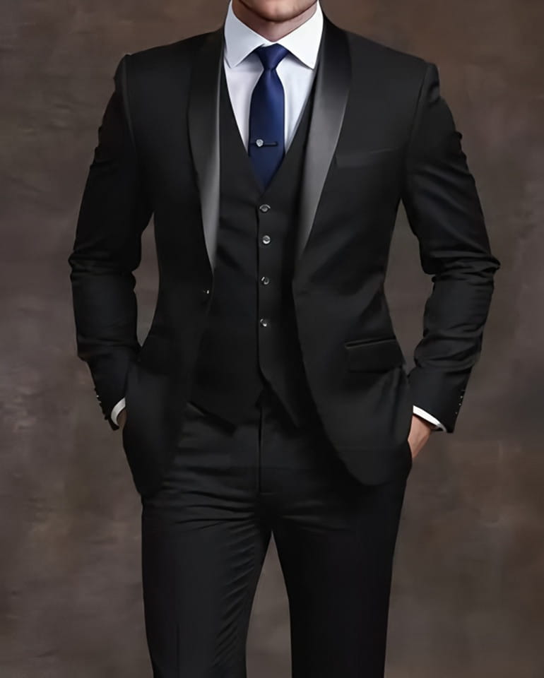 Herren schwarzer Slim-Fit-Smokinganzug mit Satin-Revers und passender Weste, einreihiger Verschlussart mit Verschluss.