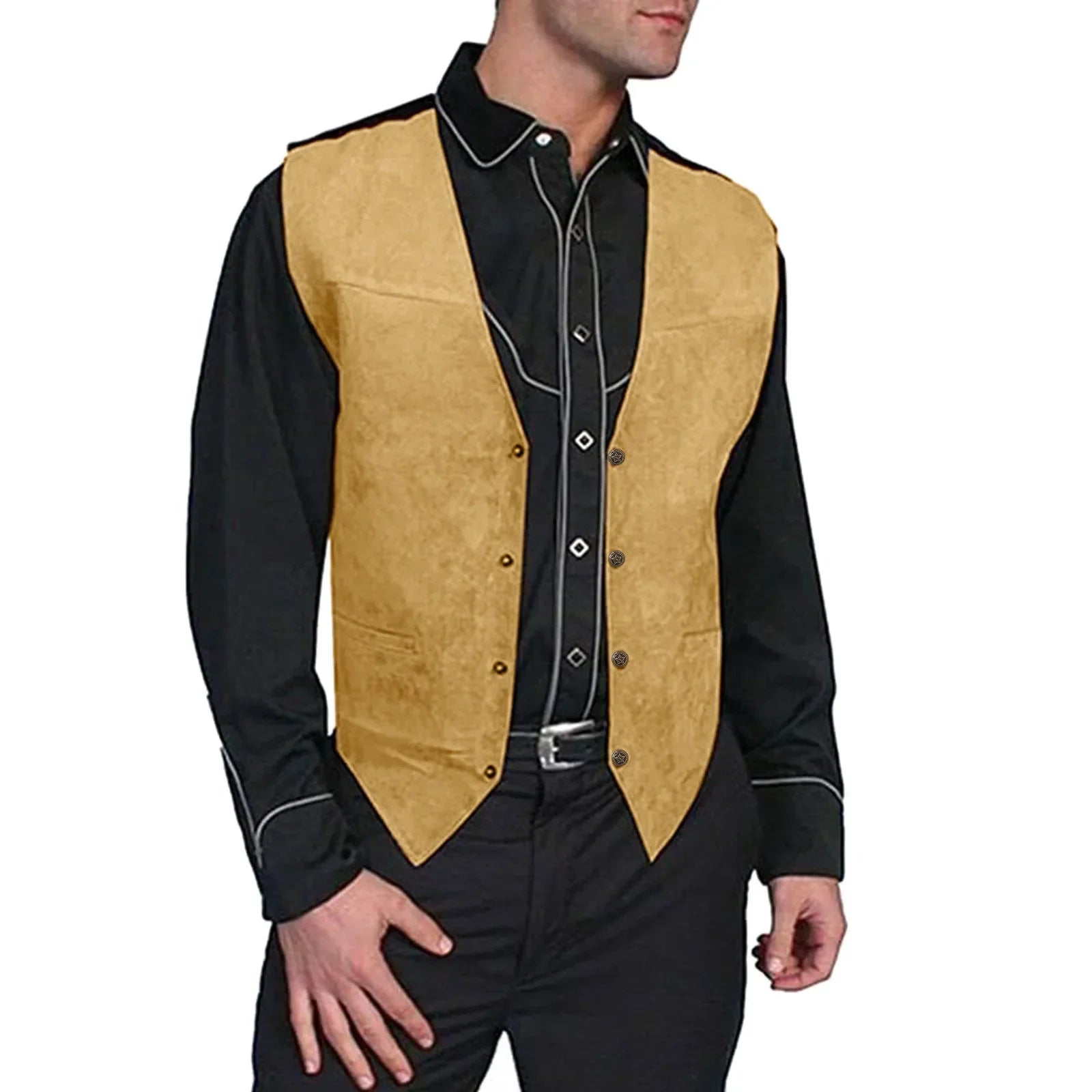 Men formal vest satin sleeveless outerwear in tan suede with black contrast stitching and silver toned buttons.