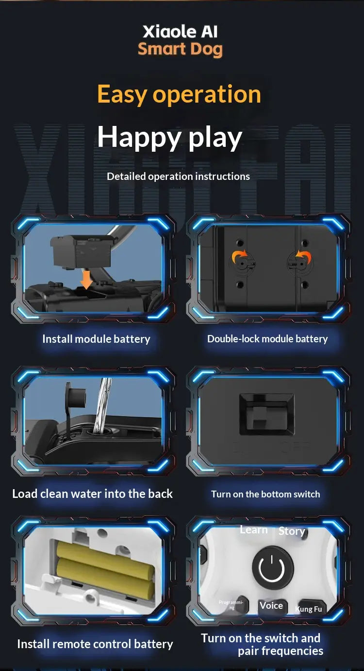 Black plastic and metal components of a Xiaomi AI smart robot dog interactive electronic pet with blue glowing accents.