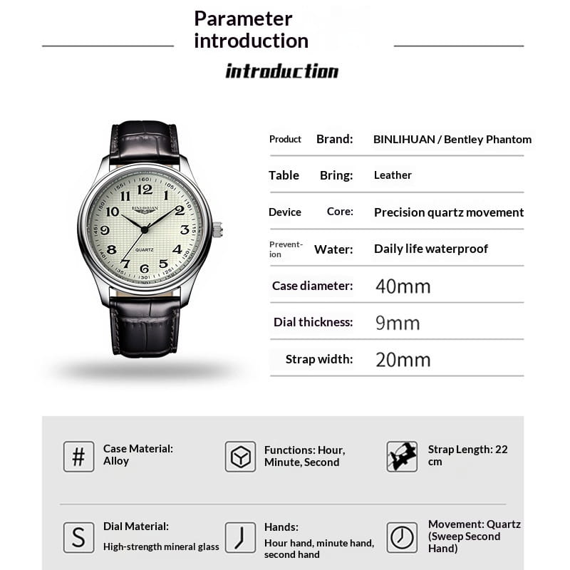 Mens quartz leather watch waterproof business featuring a Bentley phantom by Binlihuan with a silver-toned alloy case, black leather strap, and cream-colored dial with Arabic numerals.