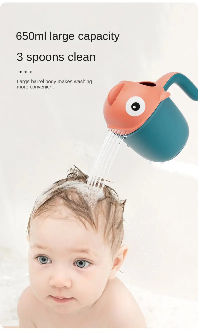 Taza de enjuague para baño de bebé con forma de pez, para ducha, con una forma lúdica de pez naranja y turquesa y un único detalle de ojo para facilitar el enjuague durante la hora del baño.