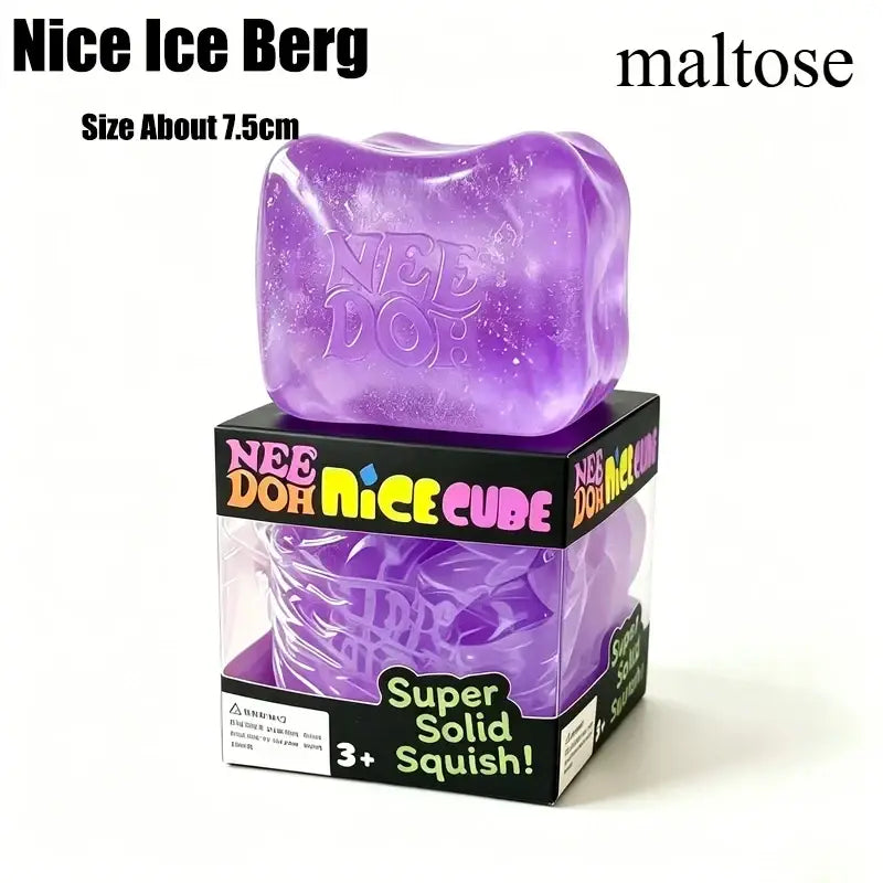 Purple translucent needoh nice big cube shape fidget toy shown from the front with a slow rising squishy texture