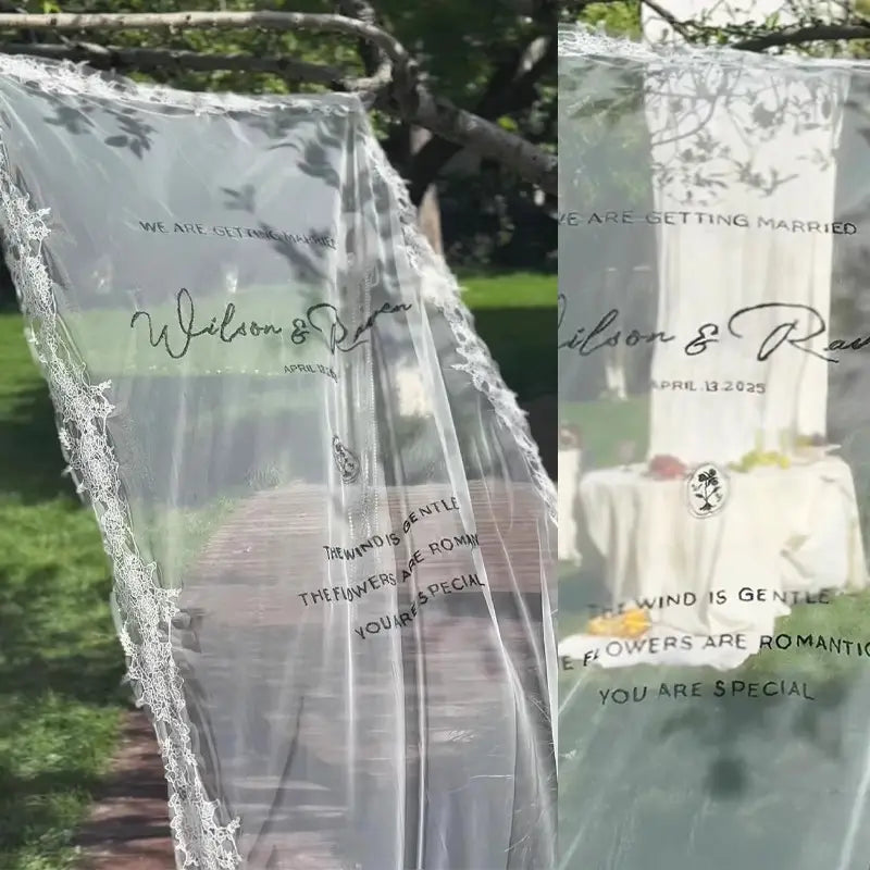 Individuelles Willkommensschild aus Spitze als Banner mit transparentem, transparentem Hochzeitsbanner, feinem Spitzenbesatz und eleganter schwarzer Kalligrafie in Kursivschrift.