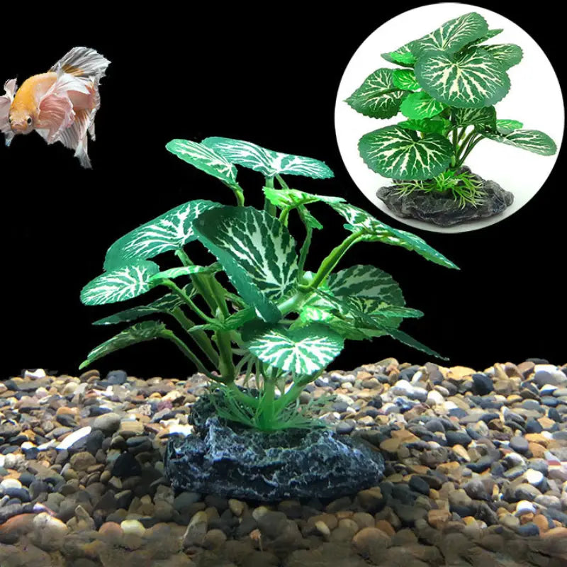 Artificial green and white variegated leaf water plants with a rocky base designed for fish tank landscape decoration.