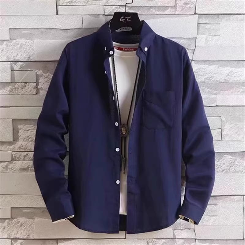 Men’s durable casual long sleeve work shirt in navy blue featuring white buttons and a chest pocket.