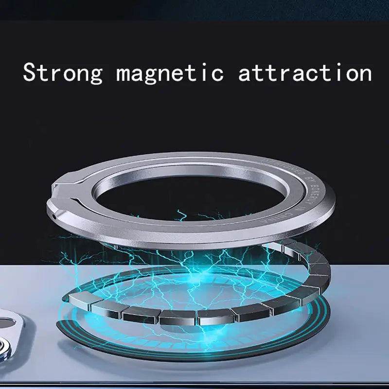 anillo soporte metálico magnético plateado para teléfono MagSafe con un diseño circular elegante que muestra imanes internos visibles, mostrado desde el lado posterior