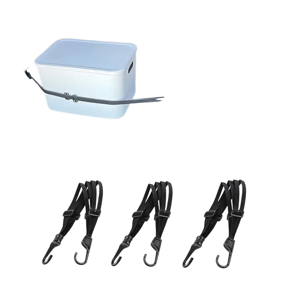 Black elastic trunk organizer straps with adjustable buckles and hooks shown from a front angle