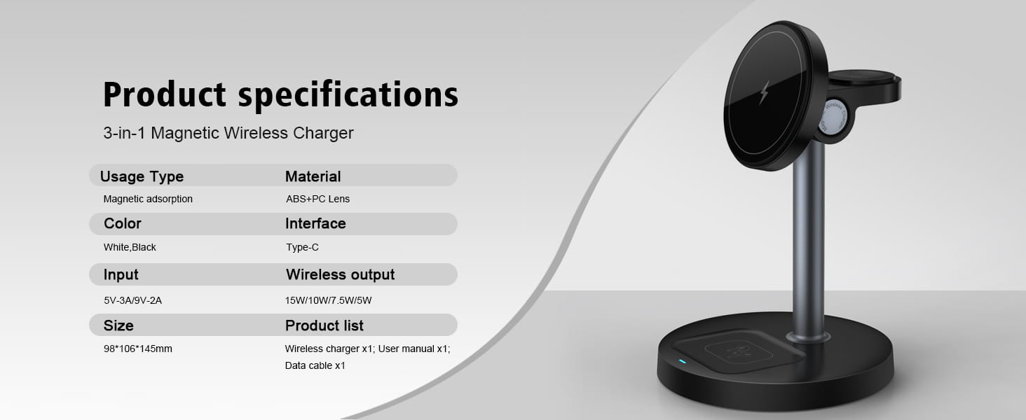 Black magnetic wireless charger stand 3-in-1 for Apple with sleek modern design and type-c interface for efficient wireless charging.