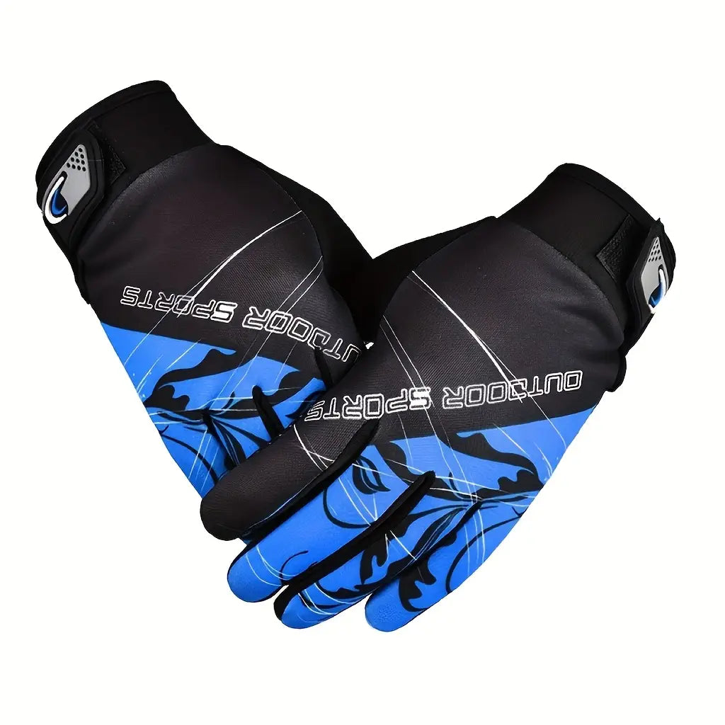 Herren-Radfahrhandschuhe in Schwarz und Blau mit atmungsaktivem Material und verstärkten Fingerspitzen; mit dynamischem Flammendesign auf der Handfläche für Outdoor-Sport und Handgelenksausführung.