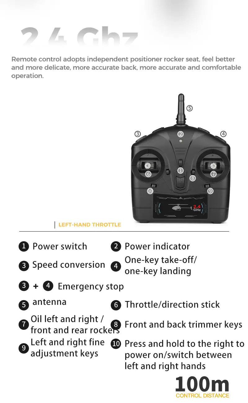 Black 2.4 ghz remote control transmitter with ergonomic design and labeled buttons for precise operation of Wltoys K170 Uh-60l remote control helicopter featuring 800mah 20c battery for extended flight time.