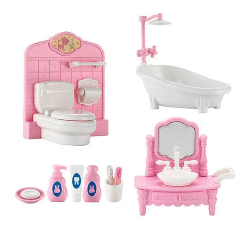 Rosaer Kunststoff im Maßstab 1:12 – Set für Miniatur-Puppenhaus-Badezimmermöbel mit weißen Armaturen und Accessoires.