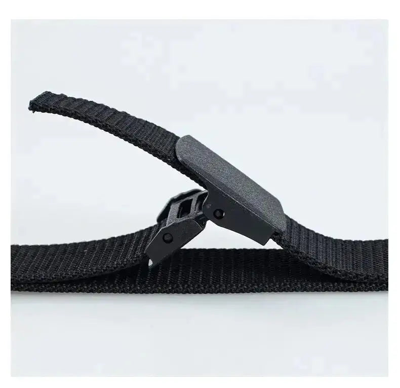 Black nylon webbing tactical belt with a matte black plastic buckle for men outdoor use.