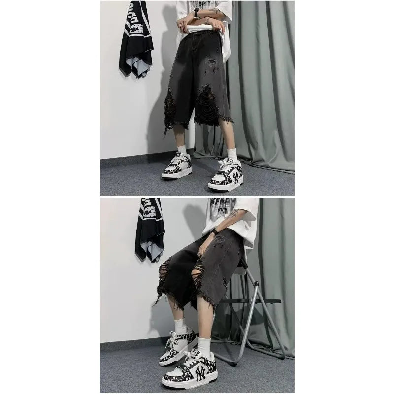 Men's Jeans Ripped Denim Man Pants Cropped Pants Casual Summer Vintage Streetwear Wide Leg Stylish
