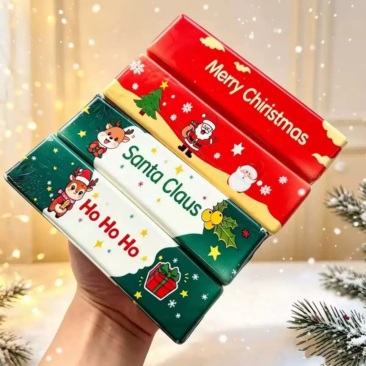 Cubiertas de caja de pañuelos con temática navideña, con renos festivos de Santa Claus y gráficos de temporada en rojo, verde, blanco y amarillo, para un juguete de mantequilla blanda y esponjosa de descompresión lenta que alivia el estrés navideño, juguete blando de descompresión lenta