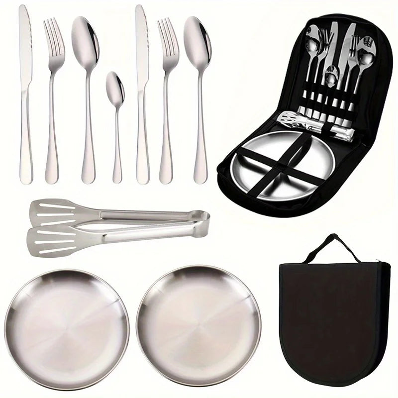11pcs Stainless Steel Camping Cutlery Set Lightweight Outdoor Dining Tools Including Plates Forks Spoons for Hiking Travel