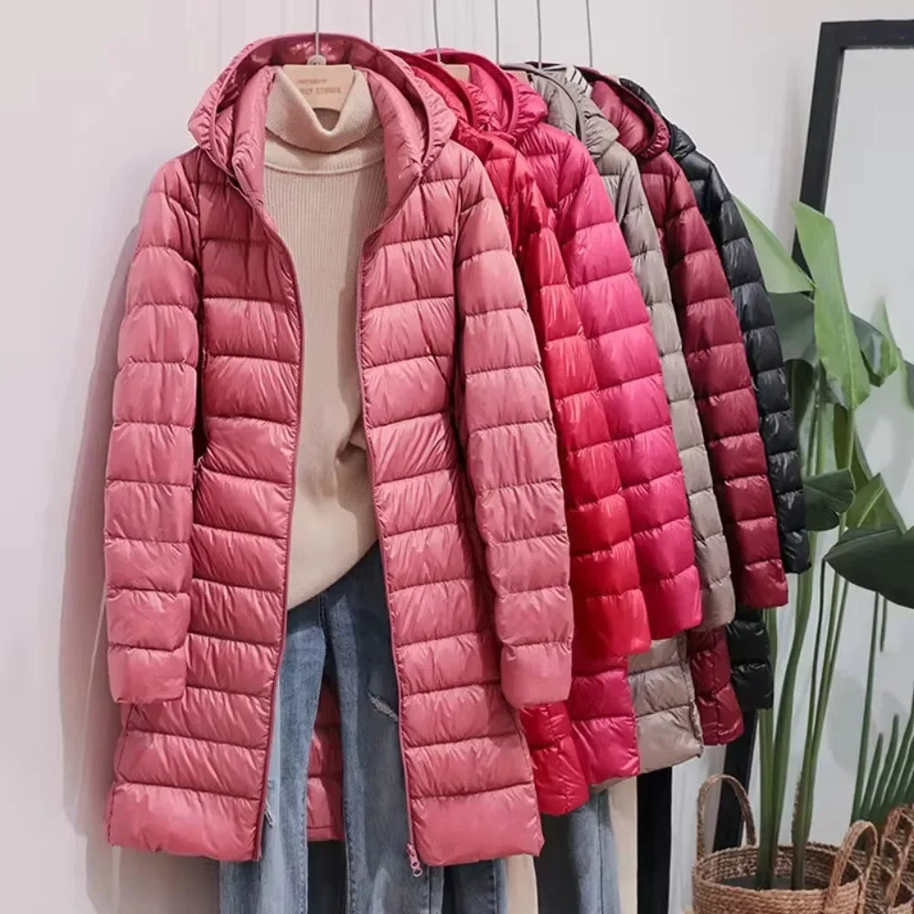 Fashionable Outerwear Winter Women Korean Fashion Slim Remove Hooded Parka Down Jackets Long Light Thin Coat Puffer Jacket